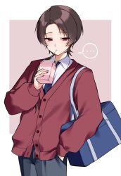  ... 1boy bag blue_bag blue_necktie brown_hair cardigan closed_mouth collared_shirt commentary_request cowboy_shot drink_carton drinking_straw forehead grey_pants hair_over_shoulder half-closed_eyes hand_in_pocket hand_up highres holding holding_drink_carton holding_milk_carton kanimar0 kashuu_kiyomitsu long_hair long_sleeves looking_at_viewer low_ponytail male_focus milk_carton mole mole_under_mouth necktie outside_border pants ponytail raised_inner_eyebrows red_cardigan red_eyes school_bag school_uniform shirt simple_background solo speech_bubble standing touken_ranbu white_shirt 