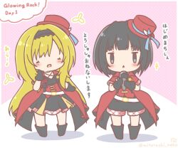  2girls :< :d =_= black_boots black_camisole black_gloves black_hair black_hairband black_shorts black_skirt blonde_hair blush boots camisole closed_eyes commentary_request criss-cross_halter fang gloves grey_eyes hairband halterneck hat holding holding_microphone idolmaster idolmaster_cinderella_girls jacket kurosaki_chitose long_hair microphone mitarashi_neko multiple_girls open_clothes open_jacket parted_lips pink_background pleated_skirt polka_dot polka_dot_background red_hat red_jacket shadow shirayuki_chiyo short_sleeves shorts skirt smile sparkle tilted_headwear translation_request triangle_mouth two-tone_background very_long_hair white_background 