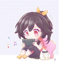  1girl black_hair black_pants casual chibi closed_mouth commentary_request flower fu_hua fu_hua_(blood_voivode) full_body handheld_game_console highres holding holding_handheld_game_console honkai_(series) honkai_impact_3rd jingwei_(bird) long_hair mon_momu nintendo_switch pants pillow ponytail red_eyes red_flower red_rose red_shirt rose shirt socks solo yellow_socks 