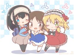  3girls :d ;) ;d black_bow black_hair black_hairband black_pantyhose black_socks blonde_hair blue_dress blue_eyes blue_shirt blush bow brown_eyes brown_hair brown_hairband brown_shoes brown_skirt checkered_background commentary_request dress green_eyes hair_between_eyes hairband highres idolmaster idolmaster_cinderella_girls layered_sleeves long_sleeves mitarashi_neko multiple_girls one_eye_closed outline pantyhose puffy_long_sleeves puffy_short_sleeves puffy_sleeves red_dress red_shoes ribbon-trimmed_hairband sagisawa_fumika sakurai_momoka shadow shirt shoes short_over_long_sleeves short_sleeves skirt smile socks standing standing_on_one_leg tachibana_arisu white_outline white_socks 