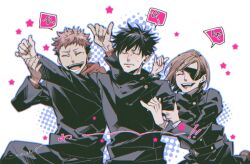 1girl 2boys aoi_(aoi68) black_hair blush brown_hair buttons closed_eyes commentary_request embarrassed eyepatch fushiguro_megumi itadori_yuji jujutsu_kaisen jujutsu_tech_uniform kugisaki_nobara multicolored_hair multiple_boys open_mouth pink_hair scar scar_on_face scar_on_forehead scar_on_mouth shaka_sign short_hair simple_background star_(symbol) teeth translation_request twitter_username two-tone_hair undercut upper_body white_background 