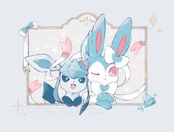  alternate_color blue_eyes bright_pupils closed_mouth commentary_request diamond_(gemstone) glaceon heart pink_eyes pokemon pokemon_(creature) roronavoice shiny_pokemon smile sparkle star_(symbol) sylveon white_pupils 