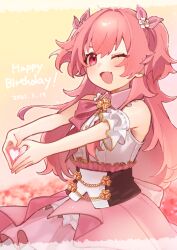  1girl bare_shoulders blush bow bowtie brown_corset buttons commentary_request corset dated detached_sleeves double-breasted fang gem hair_bow happy_birthday heart heart_hands highres idol_clothes momoi_airi one_eye_closed open_mouth orange_gem pink_background pink_bow pink_bowtie pink_eyes pink_hair pink_theme project_sekai shirt short_sleeves single_sleeve skin_fang smile solo two_side_up uminokaisen upper_body white_shirt 