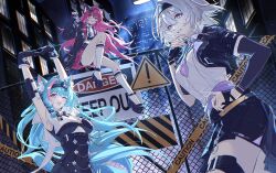  3girls ahoge animal_ears arms_up bell black_choker black_dress black_gloves black_hairband black_jacket black_necktie black_shoes black_skirt blue_hair blush breasts cat_ears cat_tail caution_tape choker city collared_shirt dress esper_zero_(neverness_to_everness) fingerless_gloves glasses gloves grey_eyes grey_hair hair_ornament hairband hand_on_own_hip highres jacket jingle_bell keep_out large_breasts long_hair long_sleeves looking_at_viewer mao_(expuella) mint_(neverness_to_everness) multiple_girls nanally_(neverness_to_everness) neck_ribbon necktie neverness_to_everness night open_mouth pantyhose purple_necktie red_eyes red_hair red_skirt ribbon shirt shoes short_hair skirt smile streetwear tail under_boob urban white_pantyhose white_shirt 