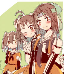  3girls antenna_hair black_gloves black_neckerchief blush border brown_eyes brown_hair commentary_request double-parted_bangs double_bun elbow_gloves gloves green_background green_headband green_outline hair_bun hair_ornament hair_scrunchie headband jintsuu_(kancolle) jintsuu_kai_ni_(kancolle) kantai_collection long_hair medium_hair multiple_girls naka_(kancolle) neckerchief one_eye_closed oomori_(kswmr) orange_shirt orange_skirt outline outside_border patterned_background sailor_collar scrunchie sendai_(kancolle) shirt sidelocks skirt sleeveless sleeveless_shirt smile twitter_username two_side_up white_border white_gloves white_outline white_sailor_collar 