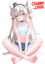  1girl absurdres alternate_costume amatsukaze_(kancolle) aqua_tank_top barefoot black_choker blue_shorts brown_eyes chinari_(chinari_chika) choker crop_top cutoffs denim denim_shorts full_body grey_hair hair_tubes highres indian_style kantai_collection long_hair looking_at_viewer midriff one-hour_drawing_challenge shorts simple_background sitting solo tank_top twitter_username two_side_up white_background 