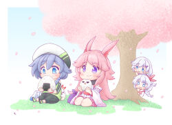  4girls ahoge backpack bag beret black_hair blue_eyes blue_sky braid cherry_blossoms chibi closed_mouth commentary_request food fu_hua fu_hua_(spring_traveler) full_body hat highres holding holding_food honkai_(series) honkai_impact_3rd japanese_clothes jingwei_(bird) kallen_kaslana kiana_kaslana kimono long_hair mon_momu multiple_girls nontraditional_miko onigiri outdoors pink_hair pink_skirt ponytail seiza short_kimono sitting skirt sky tree twin_braids violet_eyes white_hair white_kimono yae_sakura yae_sakura_(gyakushinn_miko) 