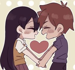  1boy 1girl andou_(sino_spkt) antenna_hair black_hair black_pants blush brown_hair brown_sweater_vest brown_vest chibi commentary_request couple facing_to_the_side hair_behind_ear happy heart hero_(faraway)_(omori) hero_(omori) holding_hands mari_(faraway)_(omori) mari_(omori) omori open_mouth pants pleated_skirt shirt simple_background skirt smile sweater_vest vest white_shirt 