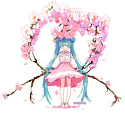  1girl aqua_eyes aqua_hair artist_name commentary double_bun english_commentary flower hair_bun hatsune_miku hue_shifting illufinch long_hair long_sleeves looking_at_viewer miku_day pink_skirt pixel_art shirt simple_background skirt smile solo standing twintails very_long_hair vocaloid white_background white_flower white_shirt 