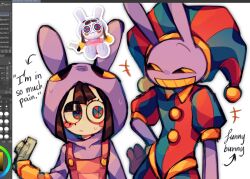  +++ 1boy 1girl :d animal_hood arm_at_side arrow_(symbol) art_program_in_frame bare_arms black_eyes black_eyeshadow black_hair blue_eyes blue_hat blue_pants blue_shirt blush_stickers bob_cut buttons center-flap_bangs clip_studio_paint collared_shirt colored_sclera colored_skin colored_teeth commentary contrast_collar cosplay costume_switch cowboy_shot double-parted_bangs english_commentary english_text eyeshadow fewer_digits flat_chest furry furry_male gloves grid_teeth grin gun hair_between_eyes hand_on_own_hip hat height_difference hendithehen holding holding_gun holding_weapon hood hood_up hoodie jax_(the_amazing_digital_circus) jax_(the_amazing_digital_circus)_(cosplay) jester_cap jester_costume looking_at_another looking_at_viewer makeup multicolored_eyes no_pupils overalls pants photo_inset pink_overalls pom_pom_(clothes) pomni_(the_amazing_digital_circus) pomni_(the_amazing_digital_circus)_(cosplay) purple_hoodie purple_skin rabbit_boy rabbit_hood raised_eyebrow red_eyes red_gloves red_hat red_pants red_shirt shirt short_hair sideways_glance simple_background single_eyebrow smile standing straight-on striped_clothes striped_hat striped_headwear striped_pants striped_shirt sweat two-tone_eyes two-tone_hat two-tone_headwear two-tone_pants two-tone_shirt uneven_eyes upper_body vertical-striped_clothes vertical-striped_headwear vertical-striped_pants vertical-striped_shirt weapon white_background white_skin yellow_gloves yellow_sclera yellow_teeth yellow_trim 