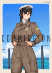  1girl absurdres brown_eyes brown_hair commentary english_commentary flight_suit grzegorz1996 hair_bun hands_on_own_hips hat highres imperial_japanese_navy kodaira_miharu_(kaibokan) military military_uniform name_tag original peaked_cap scarf watch watch world_war_ii 