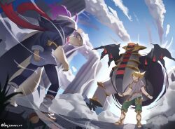  1boy 1girl akari_(pokemon) alternate_form black_hair black_pantyhose black_sash black_sclera blonde_hair blue_sky bracelet clouds colored_sclera commentary_request galaxy_team_survey_corps_uniform giratina giratina_(altered) glowing glowing_eyes gold_bracelet green_pants hair_over_one_eye headscarf highres hisuian_typhlosion jacket jewelry long_hair loose_socks naz_(hsae3838) outdoors pants pantyhose pillar pokemon pokemon_(creature) pokemon_legends:_arceus ponytail red_eyes red_scarf sandals sash scarf shirt shoes short_sleeves sidelocks sky socks volo_(pokemon) white_headscarf white_shirt wings 