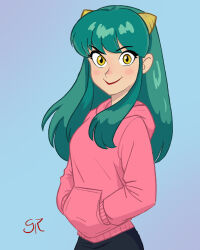  1girl artist_name bad_artstation_id bad_id blue_background blush casual closed_mouth cone_horns galmesh_rosewood green_hair hands_in_pockets highres hood hoodie horns long_hair looking_at_viewer lum making-of_available pink_hoodie sidelocks simple_background smile solo urusei_yatsura yellow_eyes 