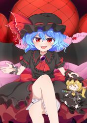  1girl absurdres alternate_color ascot back_bow bat_wings black_hat black_shirt black_skirt black_wrist_cuffs bloomers blue_hair bow brooch character_doll commentary_request crossed_legs doll flandre_scarlet guminemi hat hat_ribbon highres jewelry looking_at_viewer medium_hair mob_cap open_mouth puffy_short_sleeves puffy_sleeves red_ascot red_bow red_eyes red_nails remilia_scarlet remilia_scarlet_(tiny_devil_mistress) ribbon shirt short_sleeves sitting skirt skirt_set sleeve_bow smile solo touhou touhou_lostword white_bloomers wings wrist_cuffs 