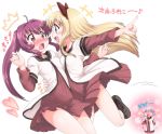 2girls :d black_legwear blonde_hair blood blue_eyes blush brown_eyes brown_hair fang glasses glasses_removed hase_yu ikeda_chitose loafers multiple_girls nosebleed open_mouth pleated_dress pointing shoes smile socks sugiura_ayano toshinou_kyouko translation_request wavy_mouth yuri yuru_yuri