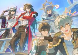  ... 5boys ? ?? adjusting_clothes adjusting_headwear against_railing ashveil_(honkai:_star_rail) bandaged_chest belt black_belt black_gloves black_hair black_jacket black_pants black_shirt blade_(honkai:_star_rail) blue_sky brown_hair caelus_(honkai:_star_rail) closed_mouth coat commentary crossed_arms dan_heng_(honkai:_star_rail) earclip earrings english_commentary feathered_wings fedora fingerless_gloves gloves green_eyes grey_eyes grey_hair hair_between_eyes halo halo_behind_head hand_up hat head_wings highres honkai:_star_rail honkai_(series) jacket jewelry long_hair looking_at_viewer male_focus mortenax_blade_(honkai:_star_rail) multiple_boys necklace nekonekomiii open_mouth outdoors pants railing red_coat red_eyes shirt short_hair single_earring sky smile speech_bubble spiked_halo spoken_ellipsis spoken_question_mark sunday_(honkai:_star_rail) tooth_necklace trailblazer_(honkai:_star_rail) very_long_hair vest waistcoat white_hat white_wings wings yellow_eyes 