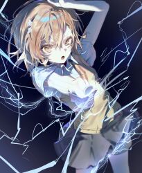  1girl brown_eyes brown_hair brown_sweater_vest coin collared_shirt commentary_request dark_background electricity electrokinesis grey_skirt hair_ornament hairpin highres holding holding_coin looking_at_viewer miniskirt misaka_mikoto open_mouth pleated_skirt railgun_(misaka_mikoto) school_emblem school_uniform shirt short_hair short_sleeves shorts shorts_under_skirt skirt solo summer_uniform sweater_vest toaru_kagaku_no_railgun toaru_majutsu_no_index tokiwadai_school_uniform v-neck vibu_(vibu624) white_shirt 