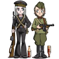  2girls absurdres bag bandolier belt belt_pouch black_boots black_hat black_pants black_shirt black_shoes blue_eyes boots bottle breast_pocket brown_belt chinese_commentary closed_mouth collar_tabs collared_tunic commentary_request drum_magazine full_body garrison_cap green_eyes green_pants green_tunic gun gun_sling gymnastiorka hat hat_writing highres holding holding_gun holding_weapon light_frown light_smile long_hair long_sleeves looking_at_another looking_to_the_side magazine_(weapon) military military_hat military_uniform multiple_girls naval_uniform naval_working_uniform original pants pocket pouch ppd-40 red_star rifle russian_text sailor_hat satchel shadow shirt shoes short_hair sideways_glance simple_background soldier soviet soviet_army soviet_navy star_(symbol) submachine_gun svt-40 sweat tareme tunic warred weapon white_background white_hair world_war_ii yellow_bag 