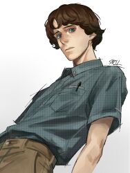  1boy 3: adam's_apple adam_lanza aged_down arched_back arms_at_sides artist_name bare_arms blue_eyes blue_shirt brown_hair brown_pants buttons closed_mouth collared_shirt commentary cowboy_shot cyril_1214 english_commentary expressionless from_below from_side frown furrowed_brow gradient_background grey_background hair_behind_ear highres ibispaint_(medium) lips looking_at_viewer looking_down male_focus nostrils object_in_pocket pants pen pen_in_pocket photo-referenced plaid_clothes plaid_shirt pocket real_life shirt shirt_tucked_in short_hair short_sleeves simple_background solo standing true_crime two-tone_background very_short_hair white_background 