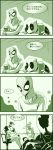  2boys 3boys :t bar blush bodysuit comic completezero deadpool highres hoodie male marvel mask monochrome multiple_boys multiple_views sitting spider-man translated translation_request venom_(marvel) 