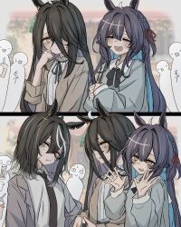  3girls 4others absurdres animal_ears black_bow black_hair black_necktie blue_hair blue_shirt bow character_request closed_eyes closed_mouth collared_shirt colored_inner_hair commentary_request hair_between_eyes hair_over_one_eye highres horse_ears horse_girl jacket leogust long_hair looking_at_another looking_at_viewer manhattan_cafe_(umamusume) multicolored_hair multiple_girls multiple_others necktie open_clothes open_jacket open_mouth purple_hair scar scar_on_face shirt short_hair smile textless_version two-tone_hair umamusume white_shirt yellow_eyes yellow_jacket 