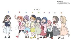 6+girls :d :o ^_^ absurdres aged_down aijo_karen anniversary arm_at_side arm_up banana_print bell black_hair black_hairband black_hat black_jacket black_pants black_shoes blonde_hair blowing_whistle blue_eyes blue_hair blue_shirt blue_skirt blunt_bangs blush bow brown_hair child clenched_hands closed_eyes clothes_writing collared_dress commentary_request crown_hair_ornament curtained_hair daiba_nana dress english_text facing_another flipped_bangs food_print frilled_dress frills from_side fruit_print green_eyes green_shirt green_shorts grey_eyes grey_skirt hair_bell hair_ornament hairband hakama hakama_skirt half_updo hanayagi_kaoruko hand_on_another's_back hand_up hands_up hat heel_up highres holding holding_ribbon hoshimi_junna isurugi_futaba jacket japanese_clothes kagura_hikari kimono kneehighs leaning_forward leg_up long_dress long_hair long_skirt long_sleeves looking_at_another looking_to_the_side low_side_ponytail mary_janes medium_dress medium_skirt mr._white_(revue_starlight) multiple_girls no_sclera one_side_up open_clothes open_jacket open_mouth orange_dress pants parted_bangs peaked_cap pink_dress pink_hair pink_kimono pleated_skirt print_shirt profile puffy_long_sleeves puffy_sleeves purple_hair queue red_bow red_hakama red_ribbon red_shoes ribbon ribbon-trimmed_dress ribbon_trim saijo_claudine shirokuma_(reirako-reirako) shirt shoes short_hair short_sleeves shorts shoujo_kageki_revue_starlight side_ponytail sidelocks sideways_glance simple_background skirt sleeveless sleeveless_dress small_sweatdrop smile socks sparkle_hair_ornament standing star_(symbol) stuffed_animal stuffed_toy teddy_bear tendo_maya tsuyuzaki_mahiru violet_eyes walking wavy_hair white_background white_dress white_jacket white_ribbon white_shirt white_shoes white_socks wide_sleeves yawning yellow_jacket yellow_shoes |_| 