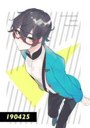  1boy :/ arms_at_sides ba_kanoko bat_ornament black_hair black_pants blue_jacket border character_name closed_mouth collared_shirt commentary contrast_collar dated diagonal-striped_background foot_out_of_frame from_above gatchaman_crowds glasses grey_shoes hair_between_eyes happy_birthday invisible_floor jacket long_sleeves looking_at_viewer male_focus mandarin_collar ninomiya_rui open_clothes open_jacket outside_border pants red-framed_eyewear romaji_text shirt shoes short_hair solo striped_background suspender_pants translated triangle tsurime twitter_username white_border white_shirt 