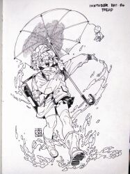  1girl arm_up artist_logo bag blush boots commentary dated english_commentary english_text flower full_body glasses hand_up hat hat_flower highres holding holding_umbrella inktober jacket logo long_sleeves looking_at_viewer monochrome open_mouth original outstretched_arm paper_background pen_(medium) photo_(medium) pleated_skirt poch4n puppet semi-rimless_eyewear skirt solo teeth thigh-highs tongue traditional_media tube umbrella upper_teeth_only walking water 