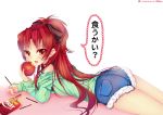  apple cutoffs denim denim_shorts duji_amo food fruit highres holding holding_apple holding_fruit long_hair mahou_shoujo_madoka_magica pocky ponytail red_eyes red_hair redhead sakura_kyouko shorts solo translation_request 