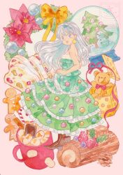  1girl absurdres blue_eyes boots box braid brown_boots cake cake_slice chocolate christmas christmas_ornaments christmas_tree christmas_tree_costume commentary crown_braid cup dress earrings flower food frilled_dress frills fruit gift gift_box gingerbread_man green_dress grey_hair highres holly jewelry kazamati_soyoka long_hair looking_at_viewer looking_to_the_side marshmallow mug open_mouth original pinecone red_flower red_ribbon ribbon smile snow_globe snowman solo star_(symbol) star_earrings strapless strapless_dress strawberry stuffed_animal stuffed_toy swiss_roll teddy_bear watermark wreath yellow_ribbon yule_log_(cake) 