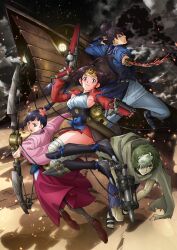  2boys 2girls ahoge anniversary bandaged_leg bandages black_hair blue_pants boots bow_(weapon) dual_wielding fire flower green_hair gun hair_flower hair_ornament hibiscus highres holding holding_bow_(weapon) holding_gun holding_sword holding_weapon ikoma_(kabaneri) japanese_clothes katana key_visual kimono knee_boots koutetsujou_no_kabaneri kurusu_(kabaneri) multiple_boys multiple_girls mumei_(kabaneri) official_art pants pink_kimono ponytail promotional_art sandals sword torn_clothes torn_pants weapon yomogawa_ayame 