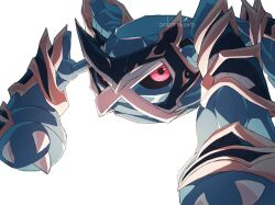  armor black_armor black_mask black_sclera claws closed_mouth colored_sclera full_body gold_trim korosliszt looking_at_viewer mask metagross metagross_(darkness) no_humans pokemon pokemon_(creature) pokemon_focus pokemon_unite red_eyes simple_background solo standing white_background 