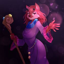  1girl animal_ears artist_name belt blurry bokeh bracelet breasts commentary depth_of_field dress english_commentary furry furry_female goat_ears goat_girl goat_horns highres horns ixi_(neopets) jewelry long_sleeves looking_at_viewer medium_breasts medium_hair necklace neopet_(creature) neopets purple_dress red_eyes red_hair runa_artelis solo tarla_(neopets) 
