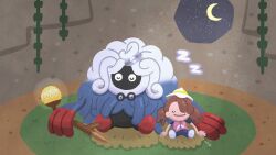  1girl brown_hair closed_eyes commentary_request ditto female_protagonist_(pokemon_pokopia) glasses glowing hat highres jacket moon night open_mouth pokemon pokemon_(creature) pokemon_pokopia professor_tangrowth ririko_(nagareboshi) sitting sleeping stick tangrowth tm_(pokemon) transformed_ditto zzz 