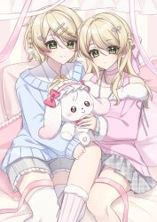  1boy 1girl bare_shoulders blonde_hair blue_sweater bow bra_strap braid character_and_genderswap choker closed_mouth commentary_request earrings ensemble_stars! frilled_shorts frills fur-trimmed_socks fur-trimmed_sweater fur_trim genderswap genderswap_(mtf) green_eyes grey_skirt hair_bow hair_ornament hairclip half_up_braid heart heart_earrings highres holding holding_stuffed_toy itting_301 jewelry layered_sleeves light_frown long_hair long_sleeves looking_at_viewer miniskirt necklace off-shoulder_sweater off_shoulder pillow pink_bow pink_choker pink_ribbon pink_socks pink_sweater plaid_clothes plaid_skirt pleated_skirt pom_pom_(clothes) pom_pom_hair_ornament ribbed_socks ribbon shiratori_aira_(ensemble_stars!) shirt shirt_under_sweater short_hair short_shorts shorts side_braid sitting skirt smile socks split_mouth stud_earrings stuffed_animal stuffed_rabbit stuffed_toy sweater thigh-highs triangle_earrings white_shirt white_thighhighs 