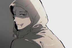  1boy aoi_(aoi68) commentary_request greyscale hood hood_up hooded_jacket itadori_yuji jacket jujutsu_kaisen jujutsu_kaisen_modulo male_focus monochrome scar scar_on_face scar_on_forehead scar_on_mouth short_hair solo twitter_username 