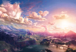  aura blue_sky bridge castle clouds dark_aura day gradient_sky highres mountainous_horizon no_humans official_art orange_sky outdoors river scenery sheikah_tower sky smoke sunrise takumi_wada the_legend_of_zelda the_legend_of_zelda:_breath_of_the_wild third-party_source very_wide_shot volcano 
