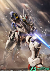  clouds cloudy_sky commentary_request energy_sword feathers glowing glowing_eyes green_eyes gundam gundam_aerial gundam_arsenal_base gundam_suisei_no_majo holding holding_sword holding_weapon hukutuuprunes mecha mobile_suit official_art robot science_fiction sky sunlight sword v-shaped_eyebrows weapon 