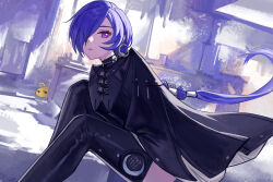  1girl absurdres ahoge blue_cloak boots cissia_(zenless_zone_zero) cloak closed_mouth commentary_request crescent crescent_earrings earrings hair_over_one_eye highres jewelry long_hair looking_at_viewer looking_to_the_side outdoors promeia_(zenless_zone_zero) purple_hair sitting sneak solo thigh_boots very_long_hair violet_eyes yellow_snake yitai_zhi_meng zenless_zone_zero 