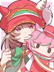  1girl animal_ears blush bow breasts brown_hair closed_mouth commentary_request ear_covers ears_through_headwear green_bow hair_between_eyes hand_puppet hat highres horse_ears horse_girl jacket long_sleeves looking_at_viewer marche_lorraine_(racing)_(umamusume) marche_lorraine_(umamusume) mismatched_ear_covers namatyoco puppet short_hair smile solo umamusume upper_body violet_eyes white_jacket 
