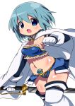  adapted_costume bad_id bikini blue_eyes blue_hair blush cape gloves mahou_shoujo_madoka_magica midriff miki_sayaka navel open_mouth shiny short_hair simple_background solo swimsuit sword thigh-highs thighhighs weapon white_gloves youri19 