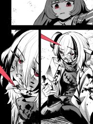  2girls blood blood_on_clothes coat earclacks english_commentary highres multiple_girls on_floor open_clothes open_coat open_mouth partially_colored potion_(earclacks) red_eyes sakanaflyer scar scar_on_face sweater sword_(earclacks) textless_version tongue tongue_out turtleneck turtleneck_sweater white_coat 