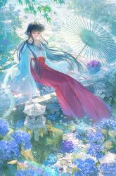  1girl absurdres black_hair blue_flower bowl closed_mouth commission day flower full_body hakama hakama_skirt highres hydrangea inuyasha japanese_clothes kikyou_(inuyasha) kimono light_smile long_hair long_sidelocks long_sleeves mihuashi_commission mihuashi_logo mihuashi_username miko oil-paper_umbrella outdoors purple_flower red_hakama ribbon-trimmed_sleeves ribbon_trim rock shinidamachuu sidelocks sitting skirt soaking_feet solo stone_lantern umbrella very_long_hair violet_eyes wanou water water_drop white_kimono wide_sleeves 