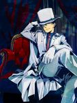  armchair blue_eyes blue_shirt cape chair chin_rest crossed_legs curtains detective_conan formal gloves hat head_rest kaito_kid kuroba_kaitou legs_crossed looking_at_viewer looking_down male meitantei_conan monocle necktie sitting solo suit top_hat white_gloves white_pants white_suit ydk007 