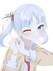  1girl alternate_costume black_ribbon blue_eyes blue_hair blunt_bangs blush bracelet collared_shirt commentary dress_shirt ear_piercing english_commentary gawr_gura hair_ornament hair_ribbon heart heart_hands hololive hololive_english jacket jewelry long_hair long_sleeves looking_at_viewer loose_necktie multicolored_hair necktie one_eye_closed piercing red_necktie ribbon shirt sidelocks simple_background smile solo streaked_hair twintails ugaaaa1 upper_body virtual_youtuber white_background white_shirt yellow_jacket 
