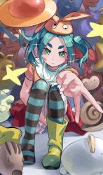  1girl aqua_hair blush boots chino_616 commentary_request dress expressionless film_grain floating_hair full_body googly_eyes green_eyes gyaru_v hat high_collar highres knees_up layered_dress looking_at_viewer medium_hair monkey monogatari_(series) ononoki_yotsugi orange_dress orange_hat outstretched_arm pantyhose pointy_ears puffy_short_sleeves puffy_sleeves rubber_boots shoes short_eyebrows short_sleeves sidelocks single_shoe sitting snail snake solo sparkle sparkling_eyes star_(symbol) striped_clothes striped_pantyhose stuffed_animal stuffed_toy thick_eyebrows twintails v yellow_boots 