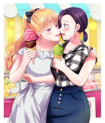  02fan_lo06 2girls absurdres aishiteii_no_wa_karadadake blonde_hair blue_eyes blue_skirt blush commentary_request denim denim_skirt dress earrings flower_earrings food food_on_face hand_on_another's_shoulder highres holding holding_ice_cream_cone ice_cream ice_cream_cone jewelry long_hair multiple_girls open_mouth plaid_clothes plaid_shirt ponytail purple_hair sayama_rika shirt short_ponytail skirt stud_earrings sweatdrop tongue tongue_out tougou_haruka violet_eyes white_dress yuri 