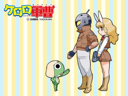  alien black_eyes boots bow bowtie brown_hair copyright_name fingerless_gloves frog full_body gloves gun hair_ornament hat helmet jacket keroro keroro_gunsou kogoro lavie_(keroro_gunsou) long_hair official_art official_wallpaper pants shirt shorts simple_background star_(symbol) weapon yoshizaki_mine 