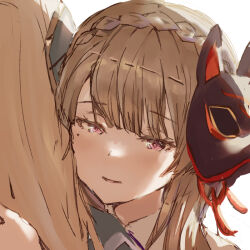  2girls blonde_hair braid brown_hair close-up commentary_request fox_mask heaven_burns_red hug kiryuu_miya long_hair mask mask_on_head mole mole_under_eye multiple_girls no53_(pixiv_77486930) shirakawa_yuina violet_eyes 