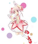  absurdres bow choker dress gloves hair_ribbon highres jewelry kaname_madoka kneehighs magical_girl mahou_shoujo_madoka_magica patychanbr pink_hair puffy_sleeves red_eyes ribbon shoes short_hair short_twintails smile solo twintails 